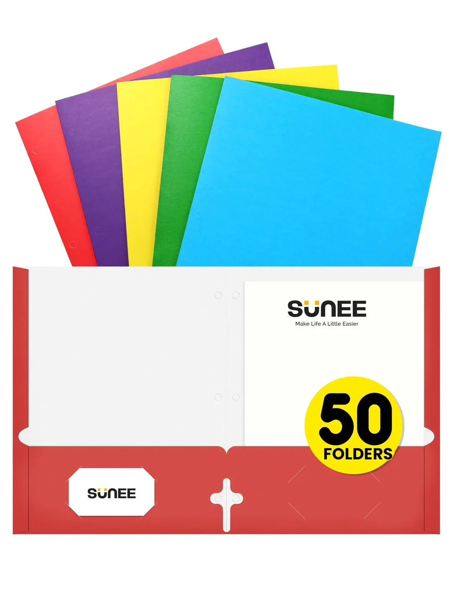 Stack of fifty assorted-colour paper folders with two pockets and three-hole punched edge