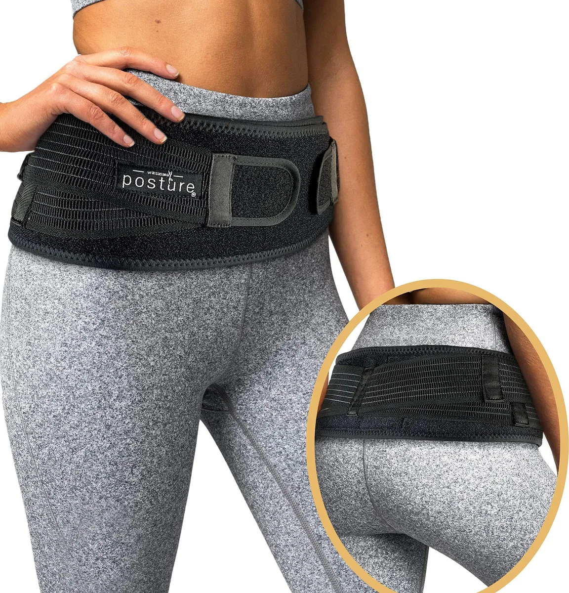 Black sacroiliac hip belt with dual adjustable straps and anti-slip inner lining