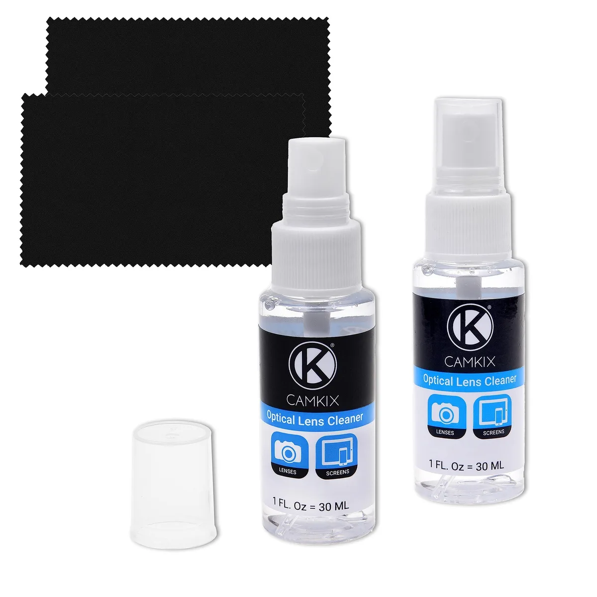 Two 30 ml spray bottles and two microfiber cloths in a rectangular box