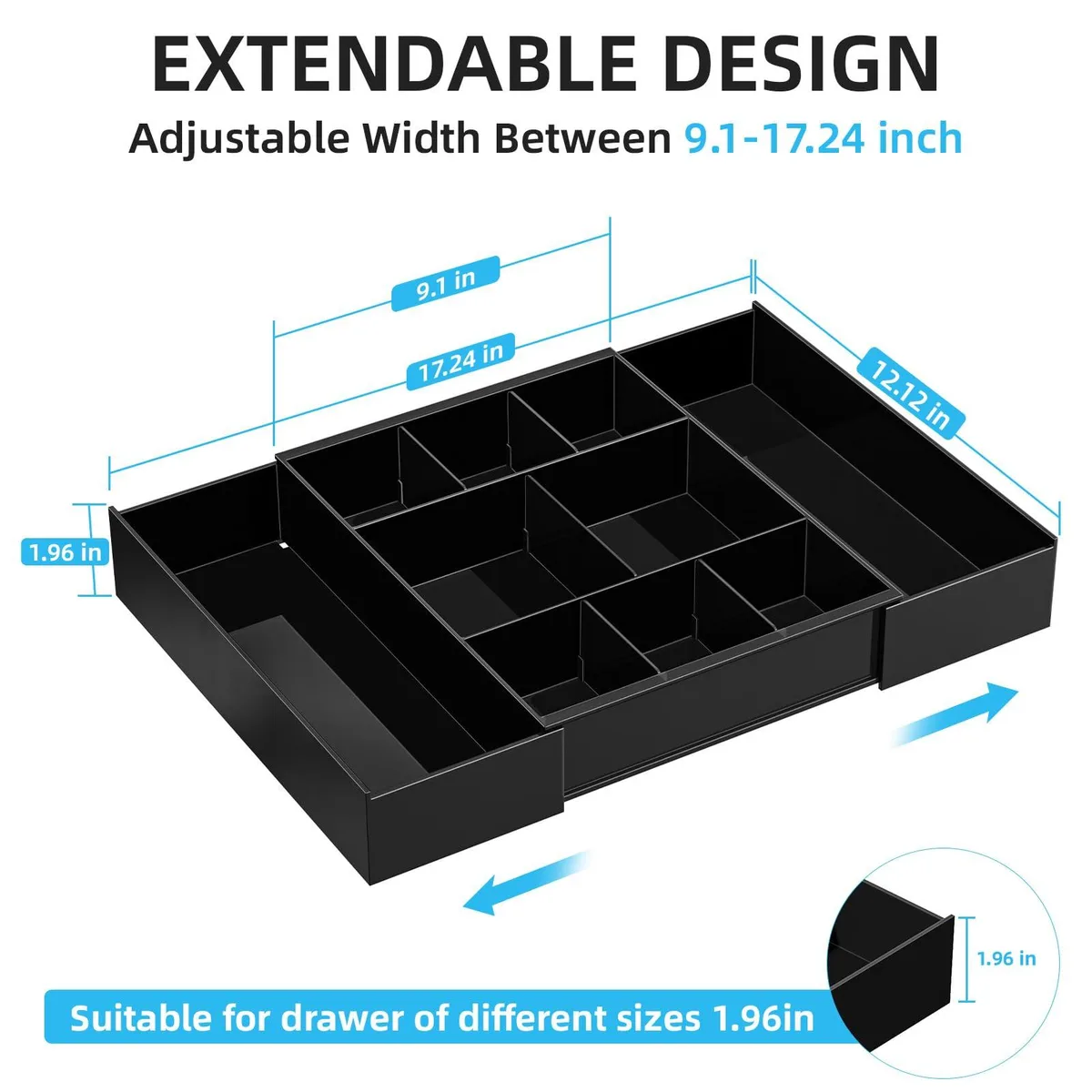 Black expandable plastic drawer tray with ten adjustable compartments and five removable dividers