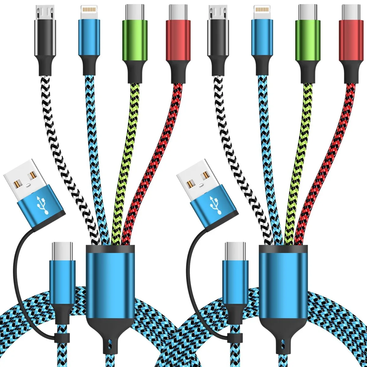 Two blue nylon-braided multi cables with USB-A and USB-C ends and four connectors each