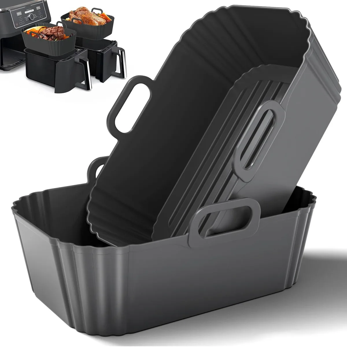Two black rectangular silicone liners with raised ridges and reinforced sidewalls, shown side by side