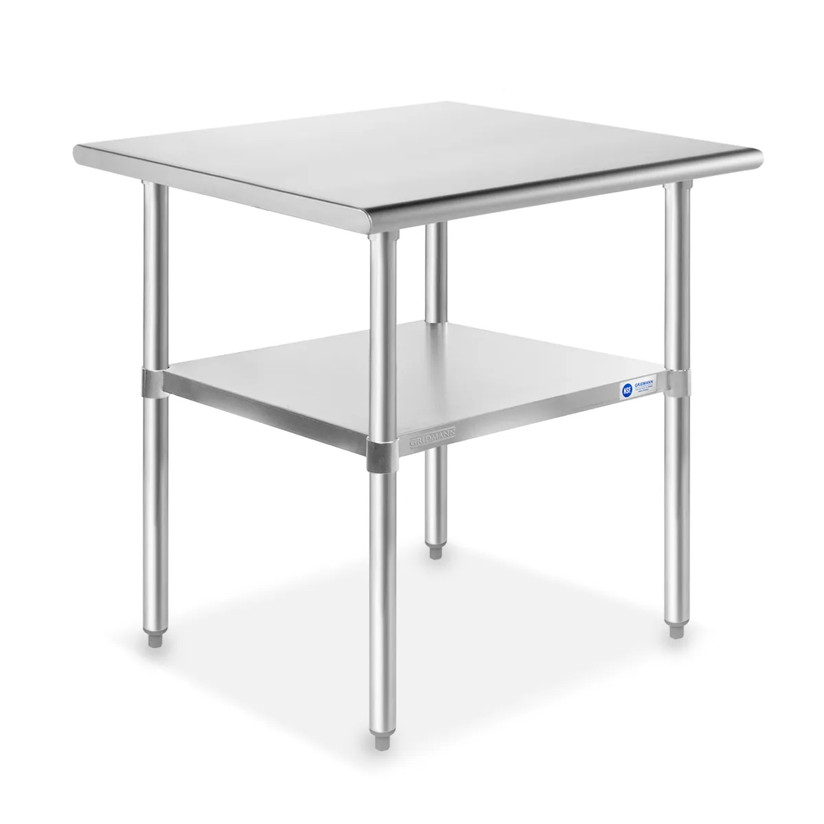 Rectangular stainless steel prep table with galvanised under-shelf and adjustable legs