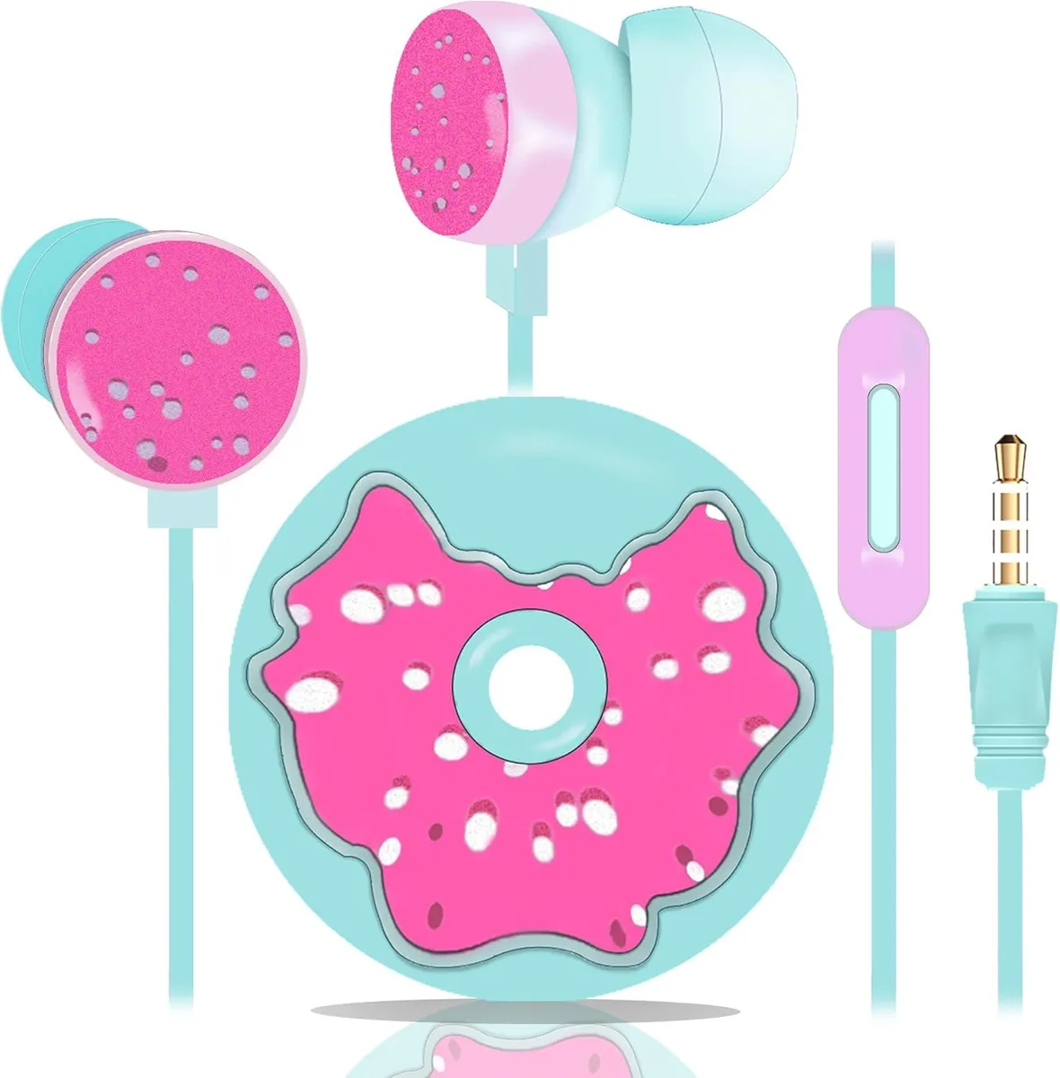Sky-blue in-ear headphones with donut-shaped buds, flat cable, microphone and matching donut storage case