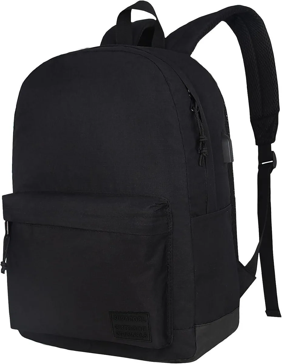 Black polyester laptop backpack with USB port, fits 15.6 inch laptop