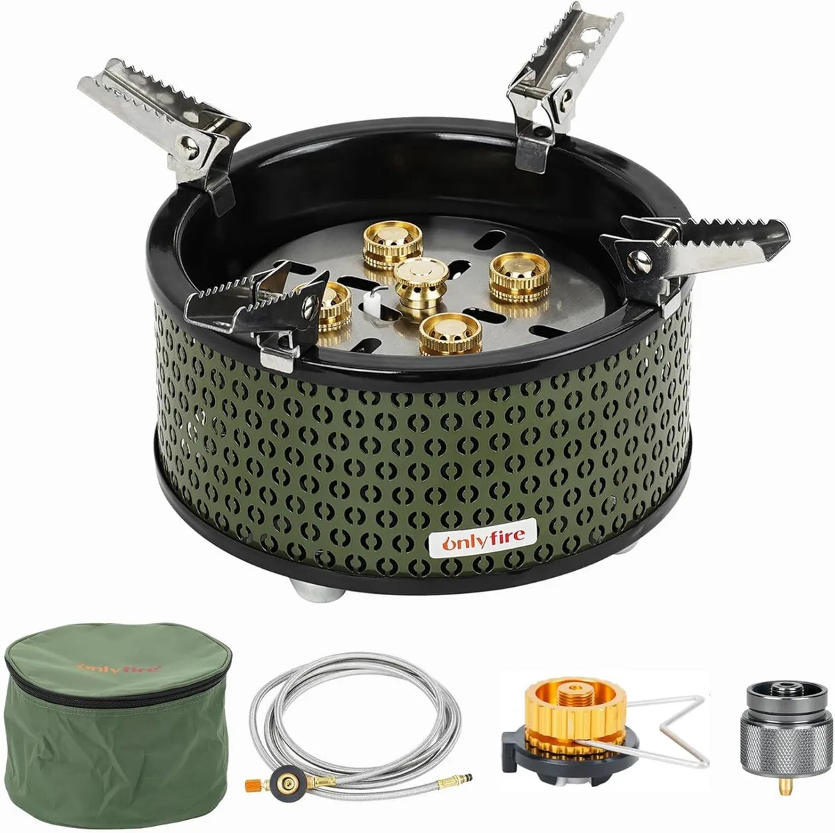 Green portable camping stove with five burners and foldable brackets, includes storage bag