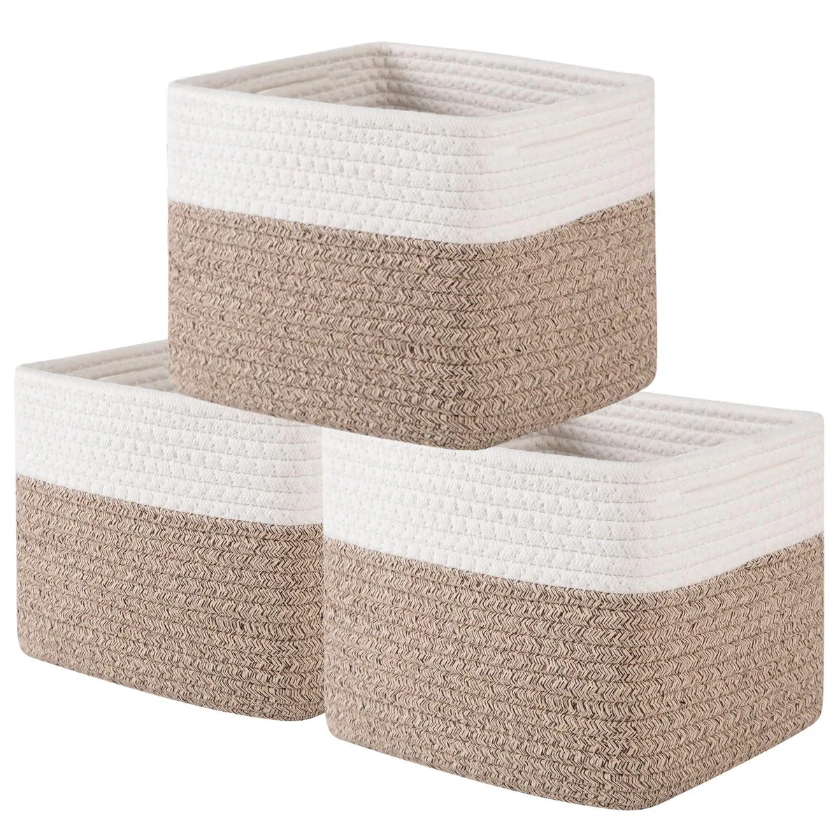 Three woven cotton rope storage cubes in brown and white, cube shaped with reinforced handles