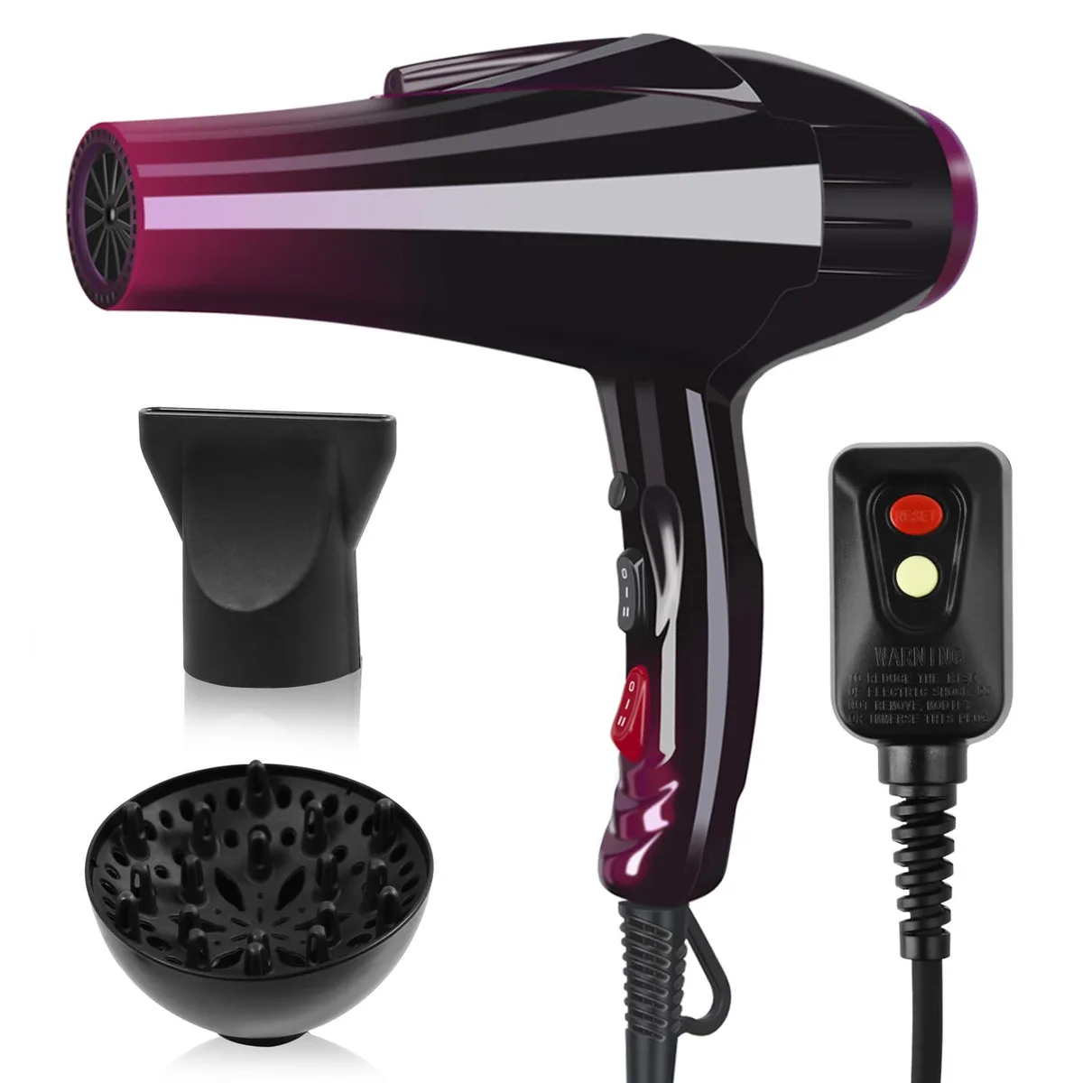 Black professional hair dryer with concentrator nozzle and diffuser attachments