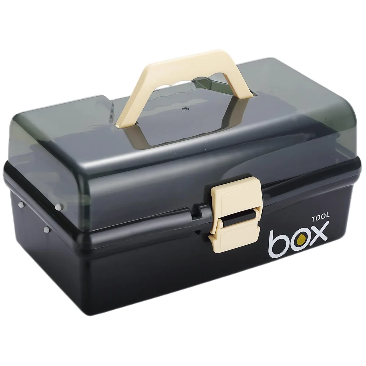Black three-layer clear plastic tool box with handle, 12 inches long