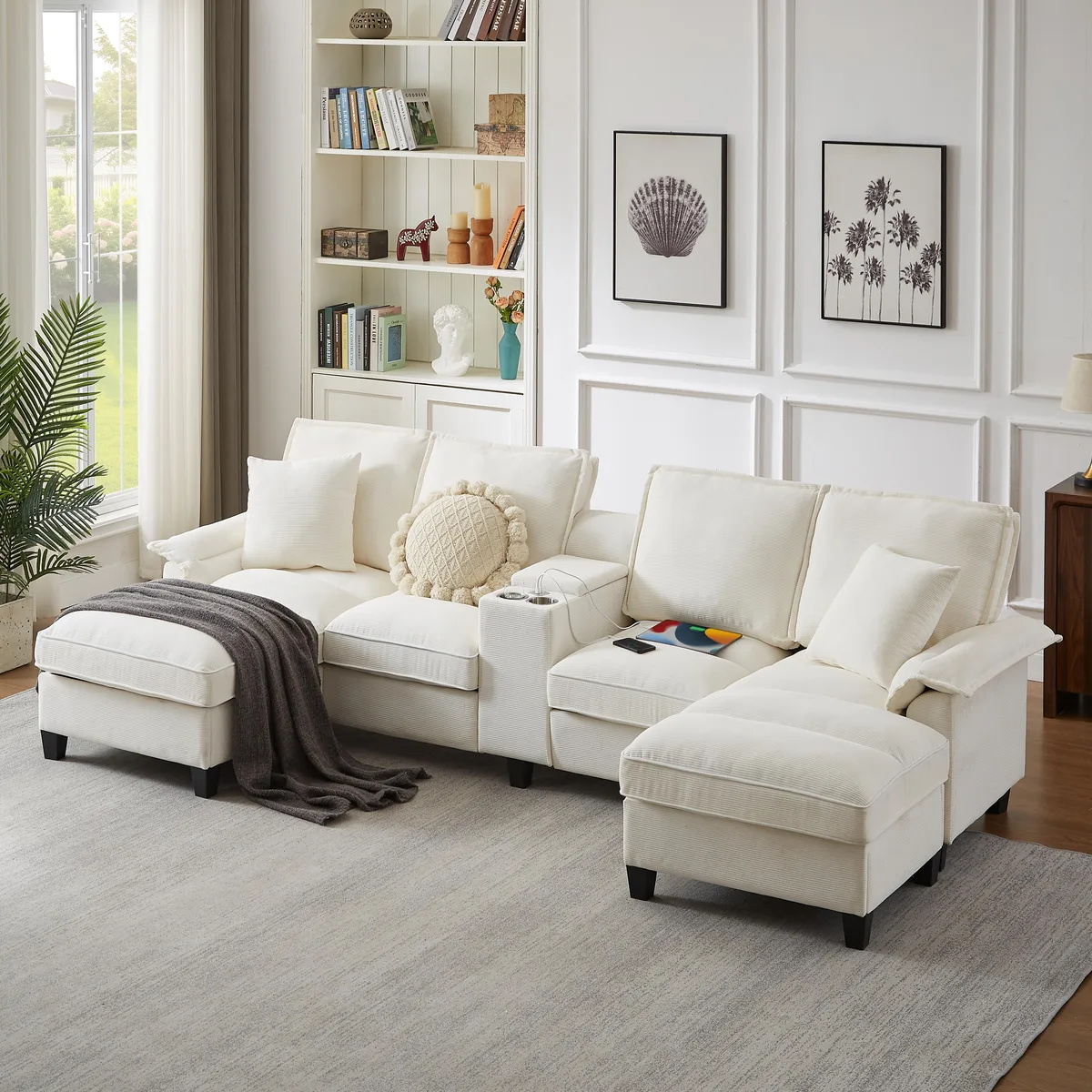 Beige U-shaped modular corduroy sectional sofa bed with storage chaises and console
