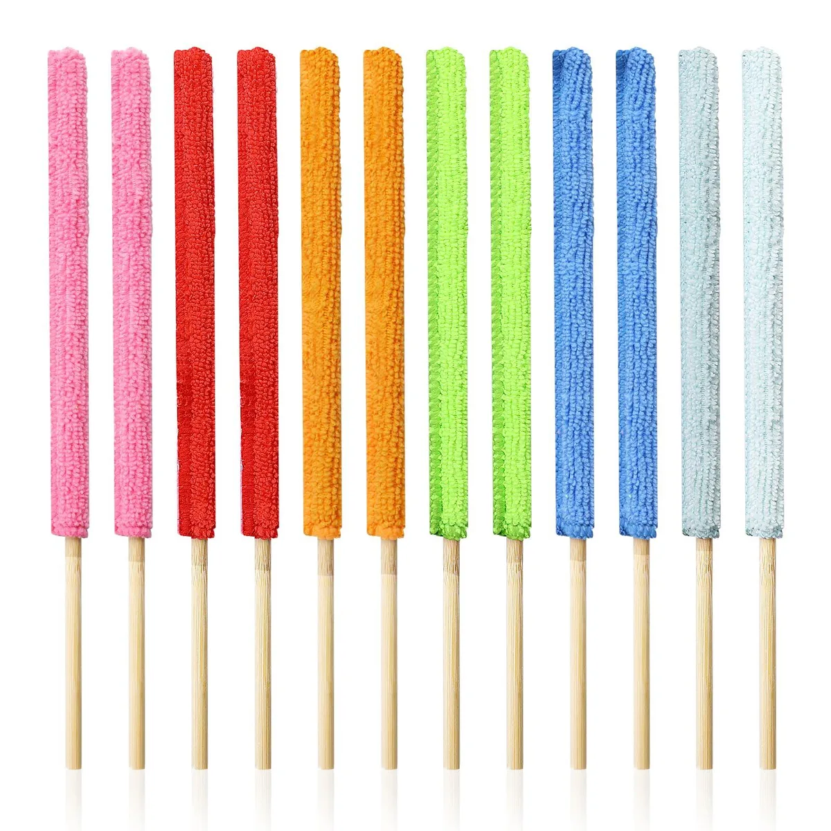 Twelve microfiber cleaning sticks, 26.5 cm long, six colours, two per colour, wooden handles