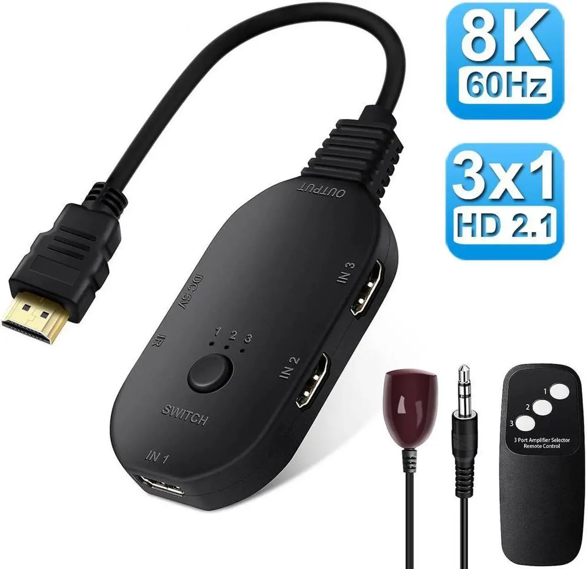 Compact black HDMI 2.1 switch box with three input ports, one output, IR remote and front button