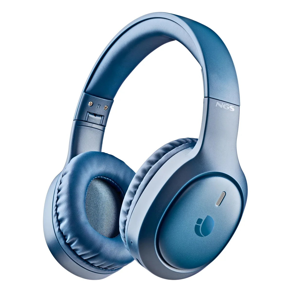 Blue over-ear wireless headphones with padded ear cups and headband