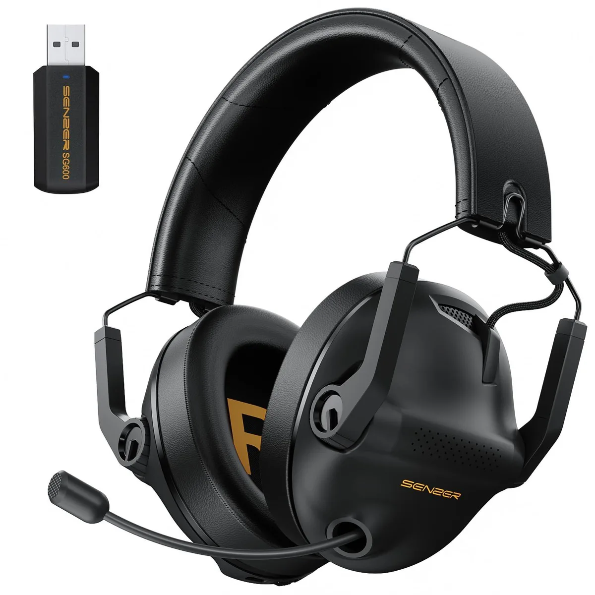 Black over-ear wireless gaming headset with oval ear cups and adjustable headband