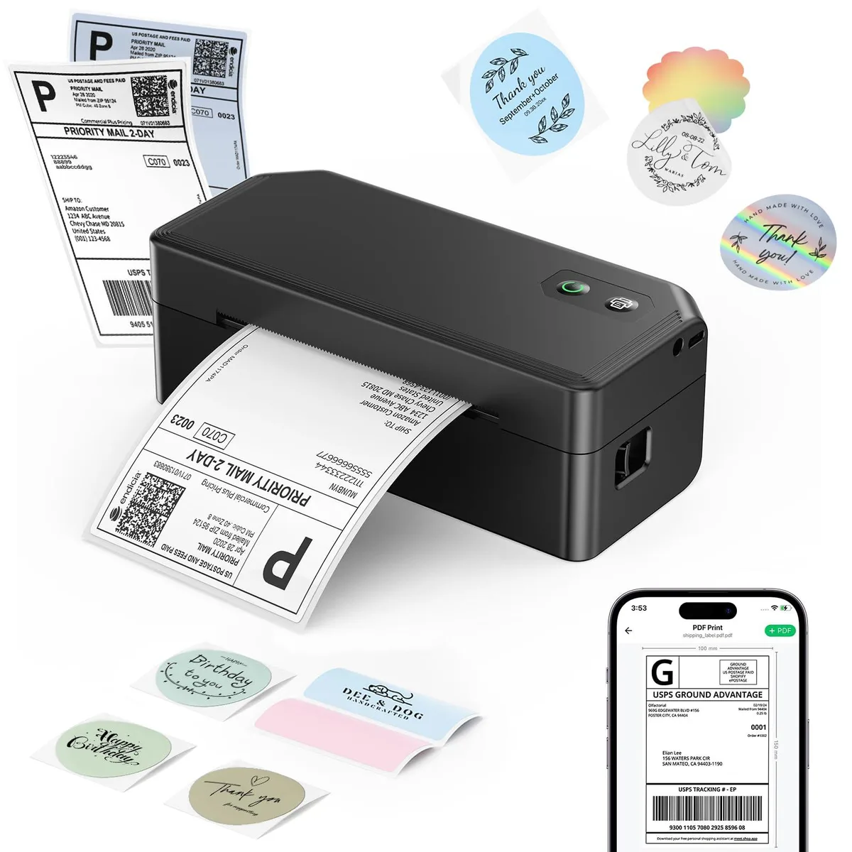 Compact white rectangular label printer with blue accent, small footprint, USB cable attached