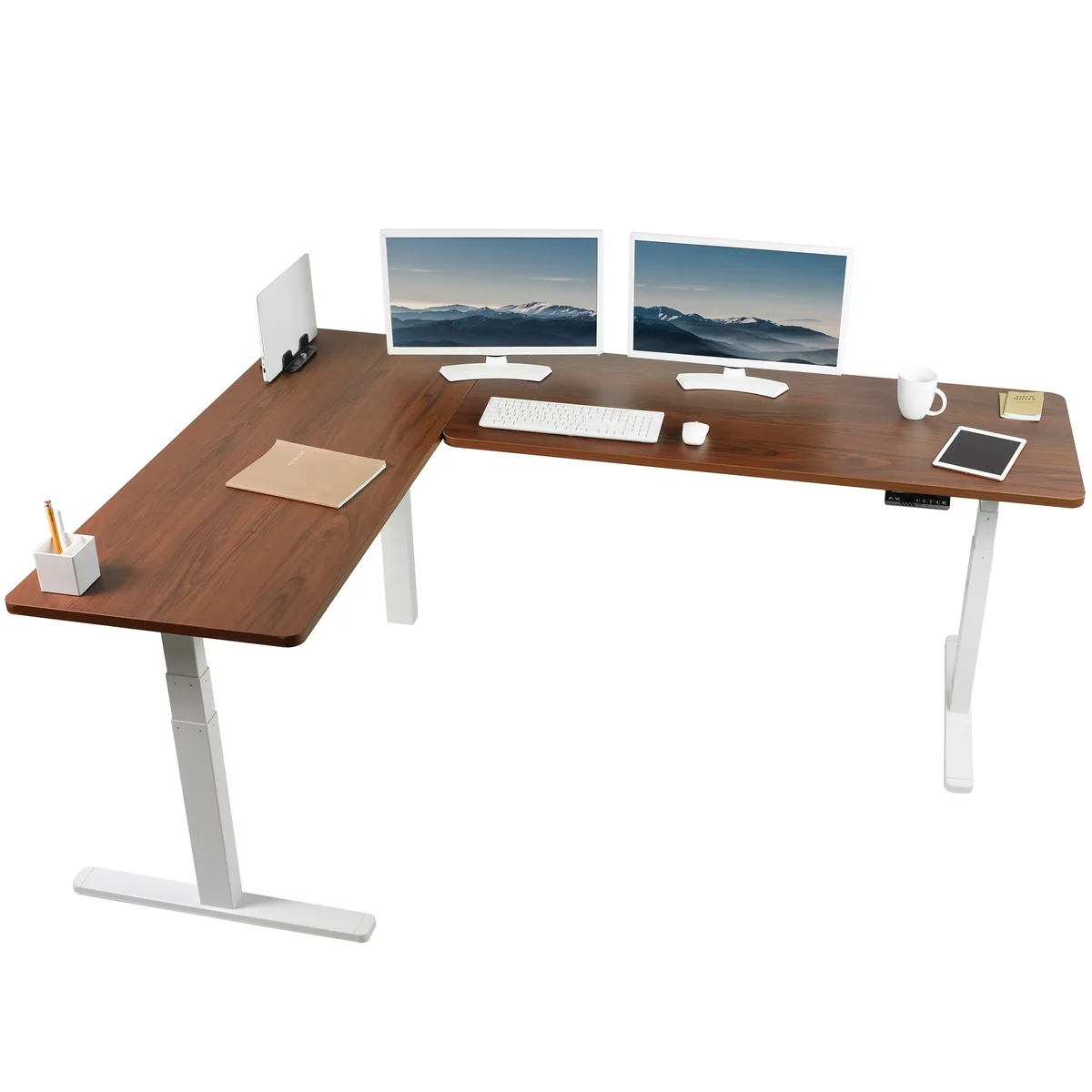 VIVO VIVO Electric Corner Desk 83" x 60" Dark Walnut/White — product photo