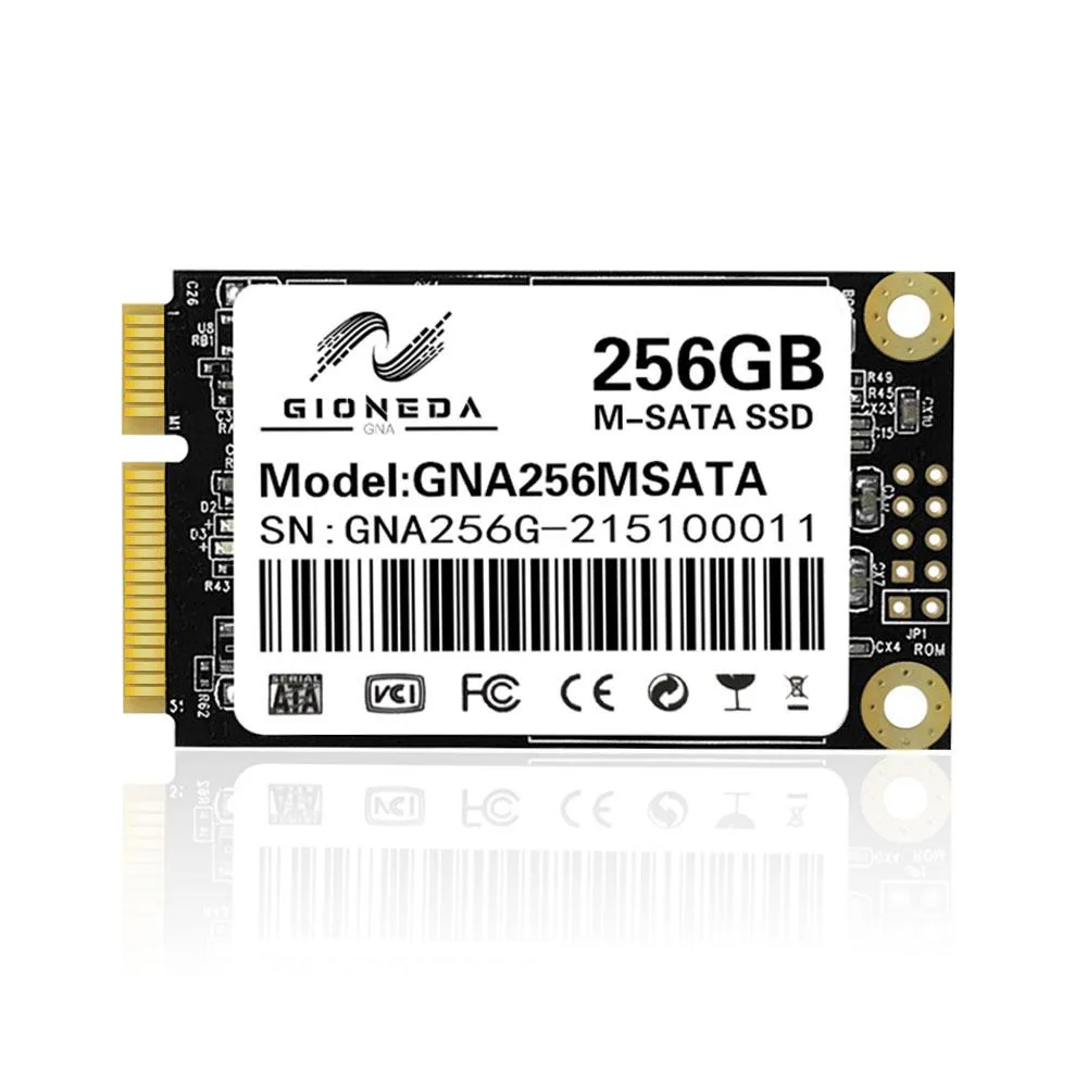 Green rectangular mSATA circuit board, 50 by 30 by 3.5 mm, gold edge connector visible