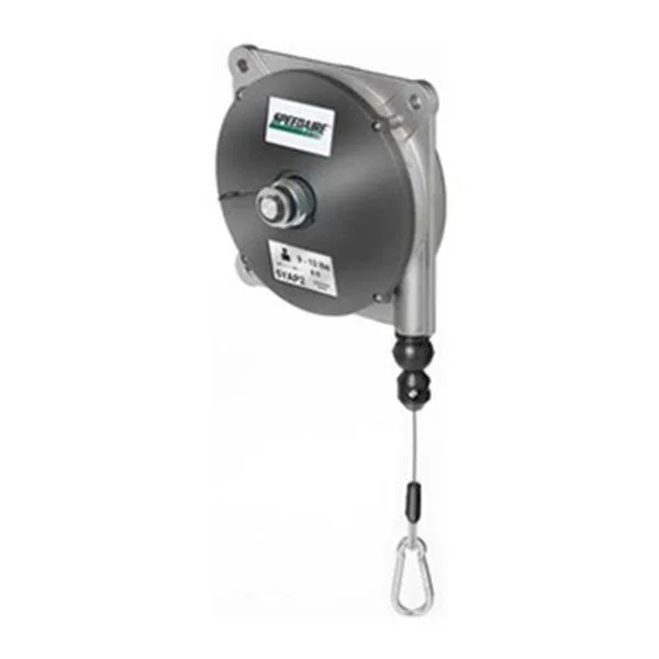 Silver die-cast aluminum tool balancer with steel cable and spring clip, non-locking fixed reel
