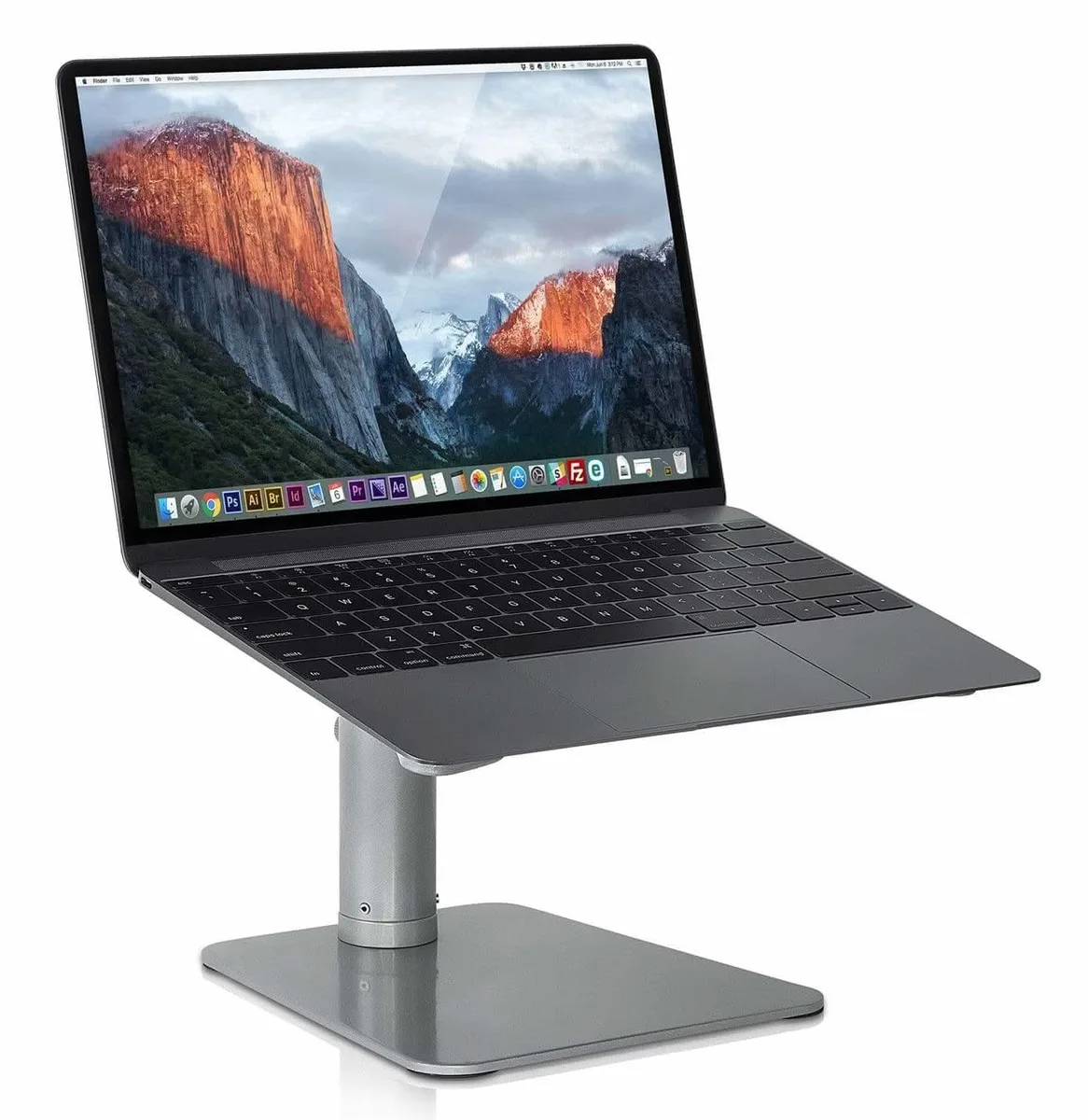 Silver A-frame laptop stand with ventilated tray and padded feet