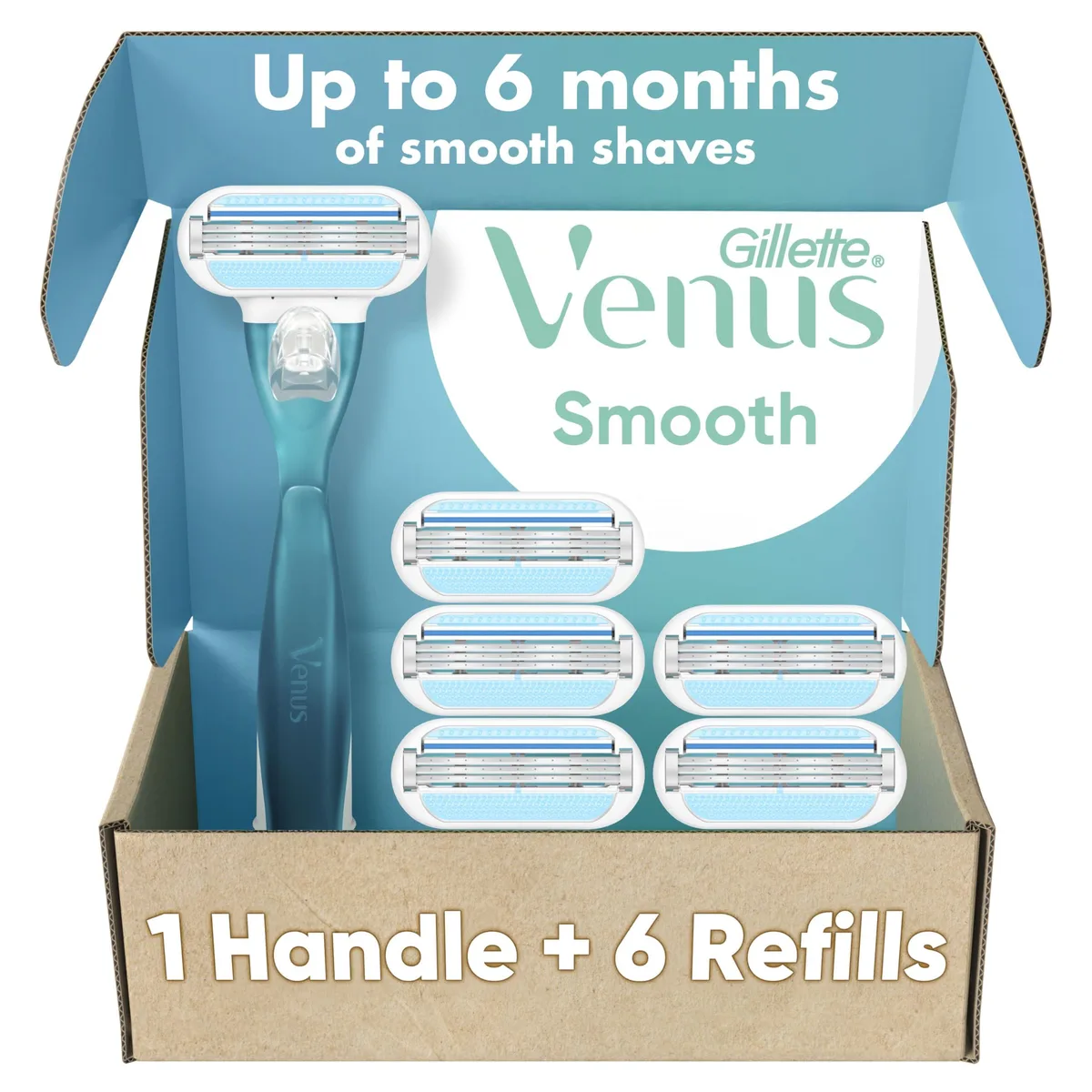 Blue Gillette Venus razor handle with soft-grip gel and six cartridge refills