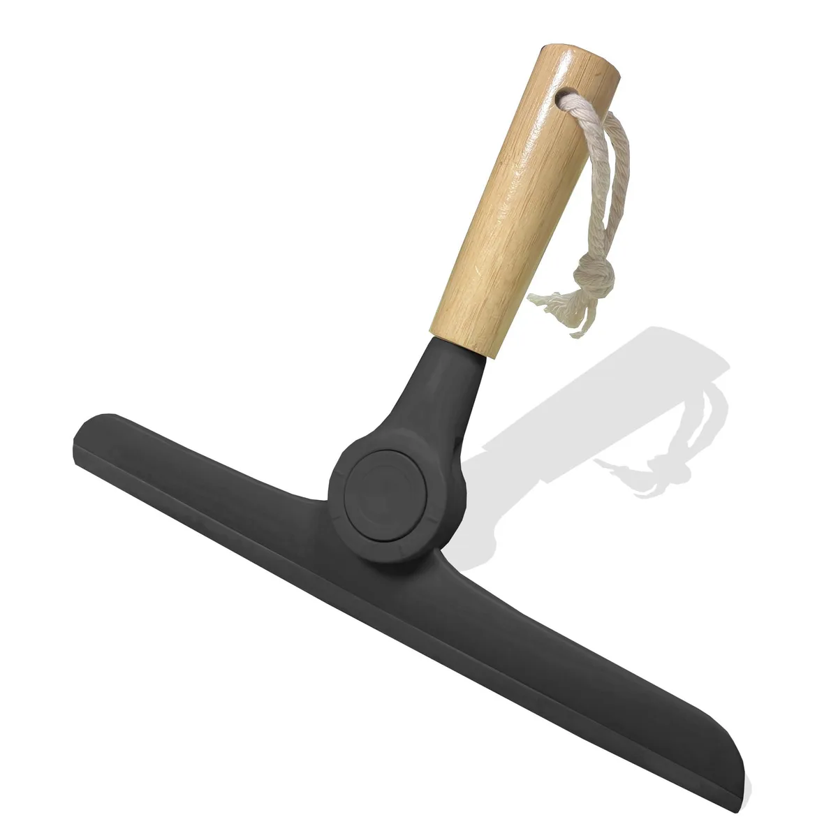 Black squeegee with bamboo handle, 360° rotating head, TPR silicone blade, hanging loop