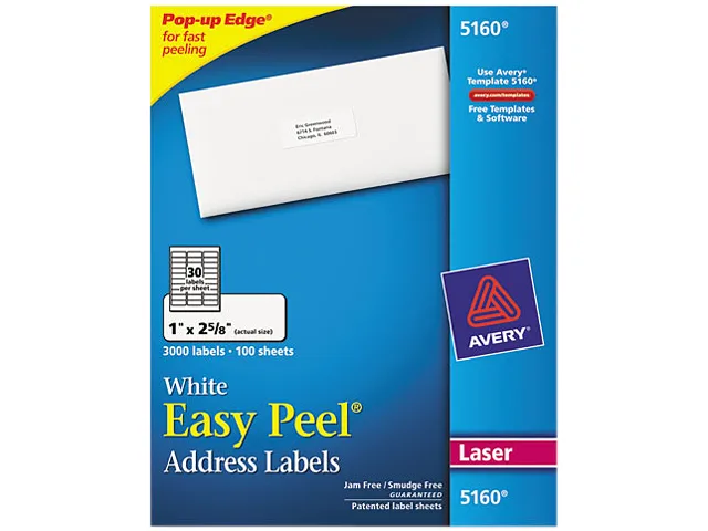 Avery Avery 5160 Easy Peel Address Labels 1" x 2.63" 3000 mailing supply — product photo