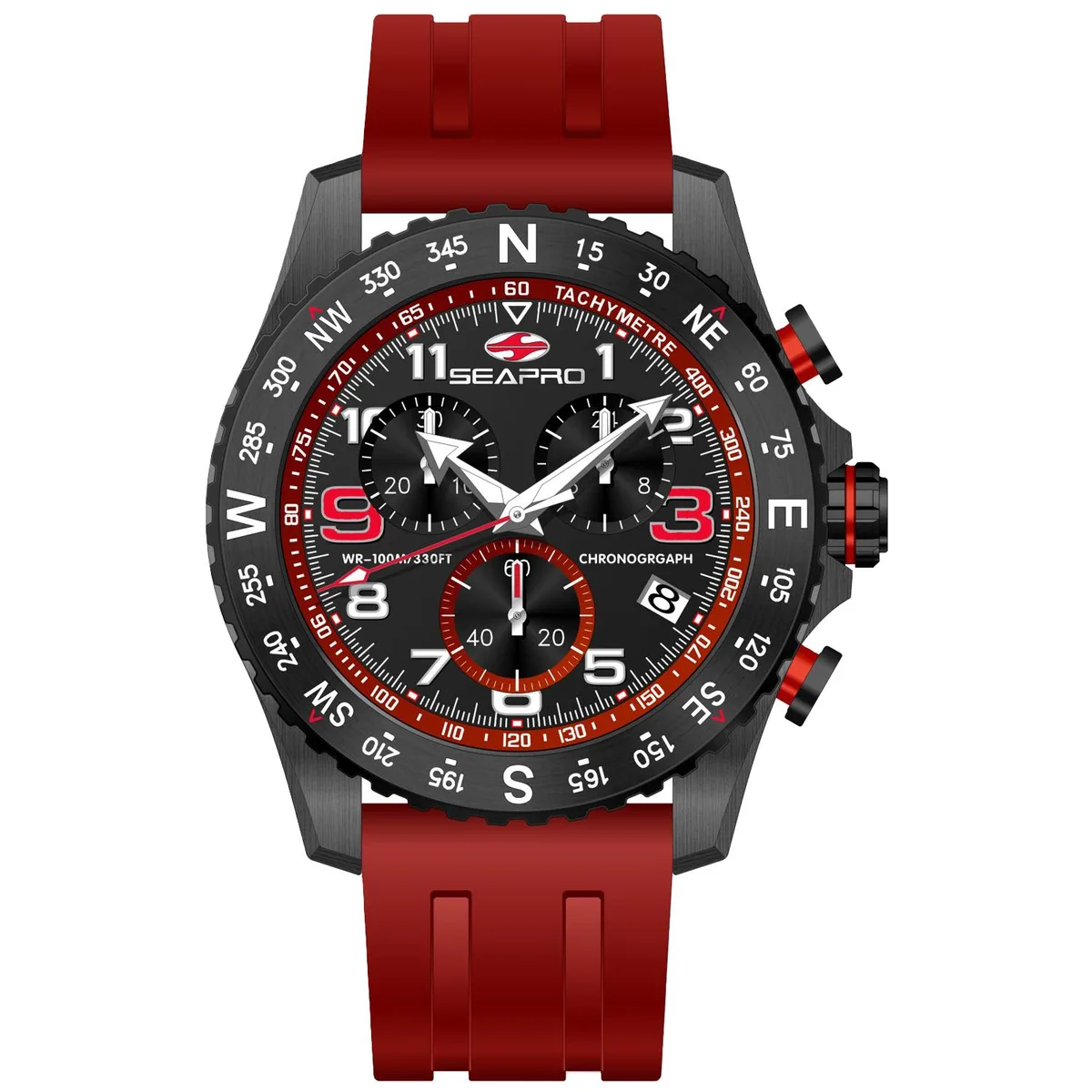 Black stainless steel watch with rubber strap and chronograph dial