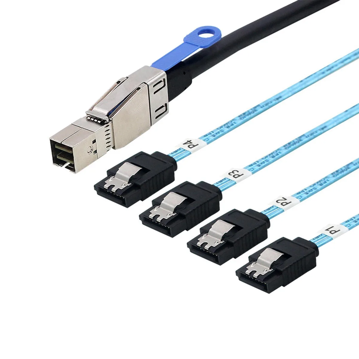 SFF-8644 connector splitting to four SATA 7-pin plugs, woven mesh sleeve, 3.2 ft length