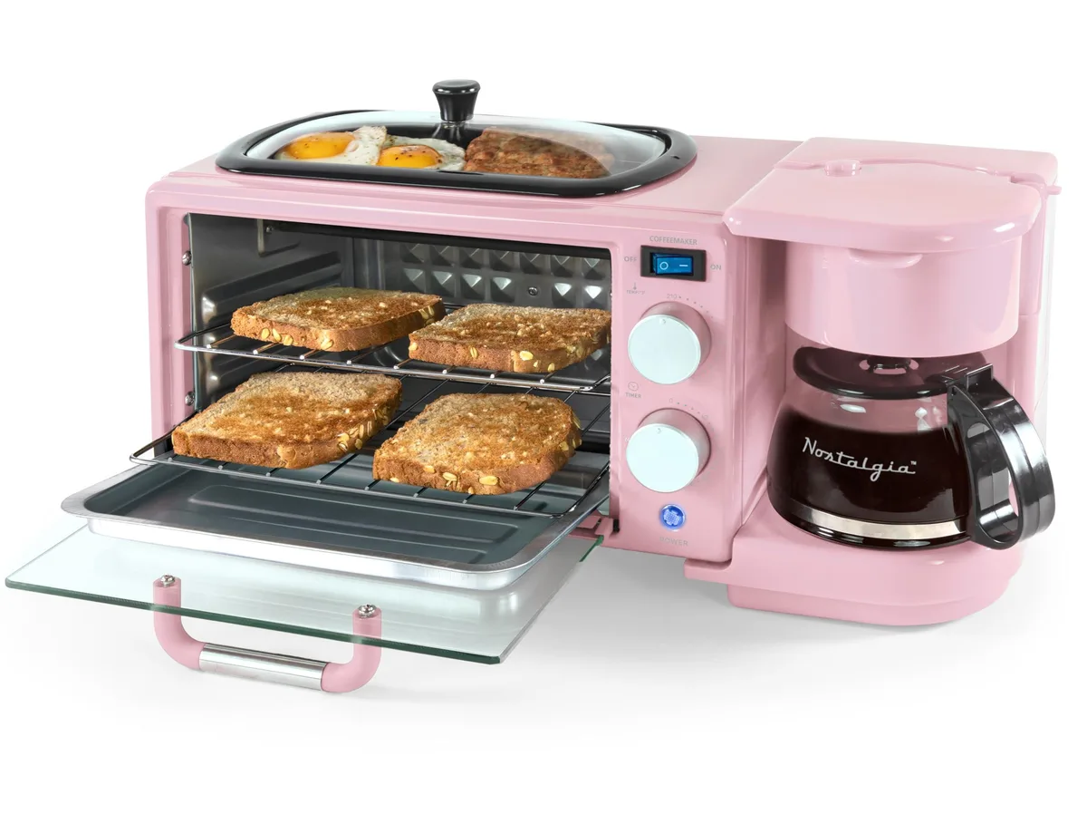 Compact pink retro breakfast station with coffee maker, griddle and toaster oven