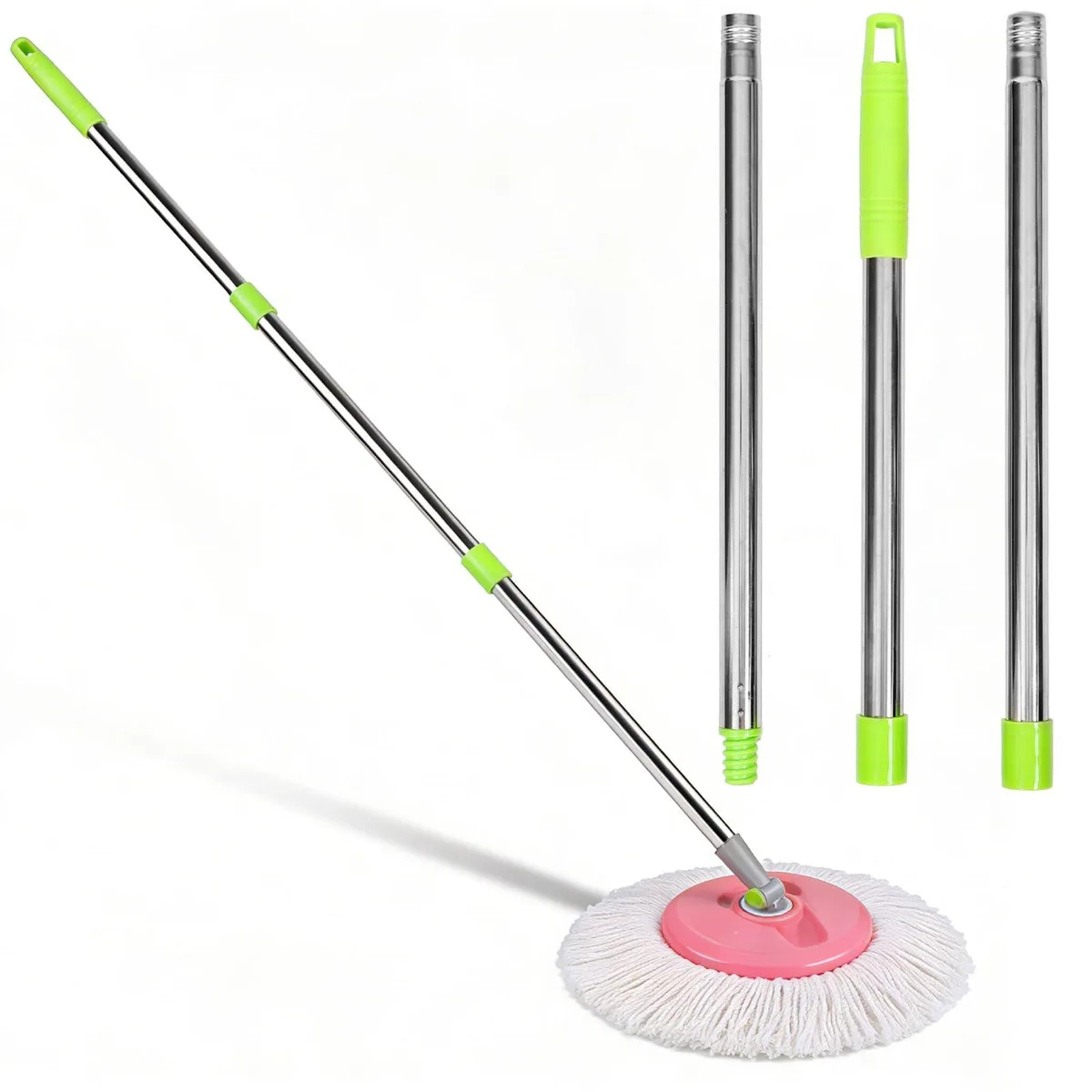 Silver three-section adjustable mop pole with ergonomic grip, extends to 44.68 in