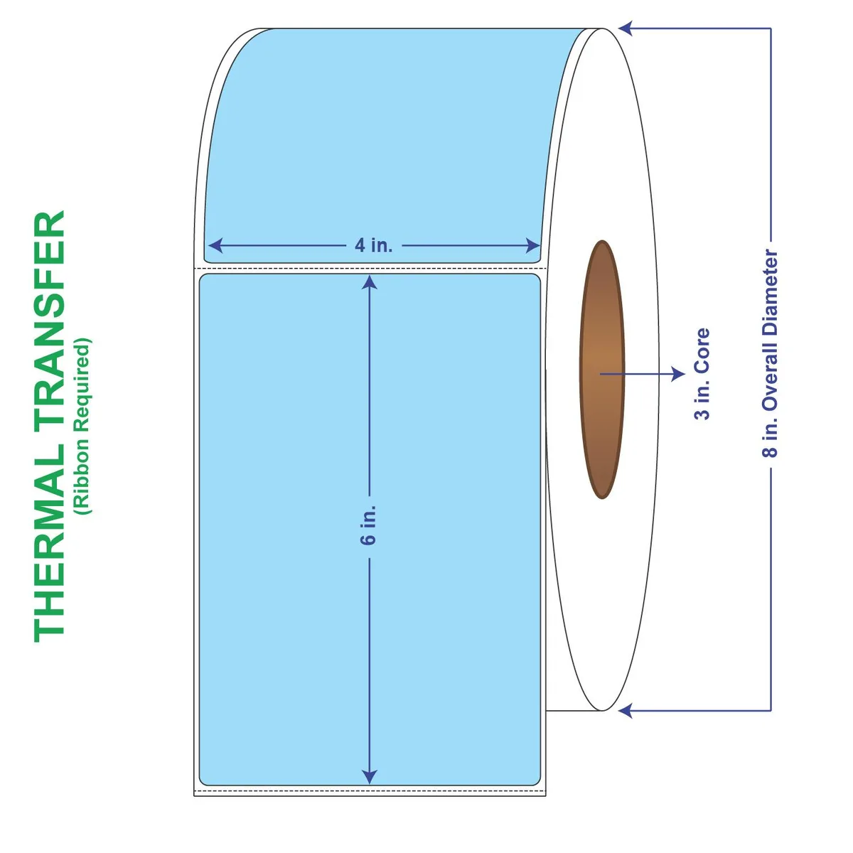 Blue perforated thermal transfer label roll, 1000 labels, 4 x 6 inches