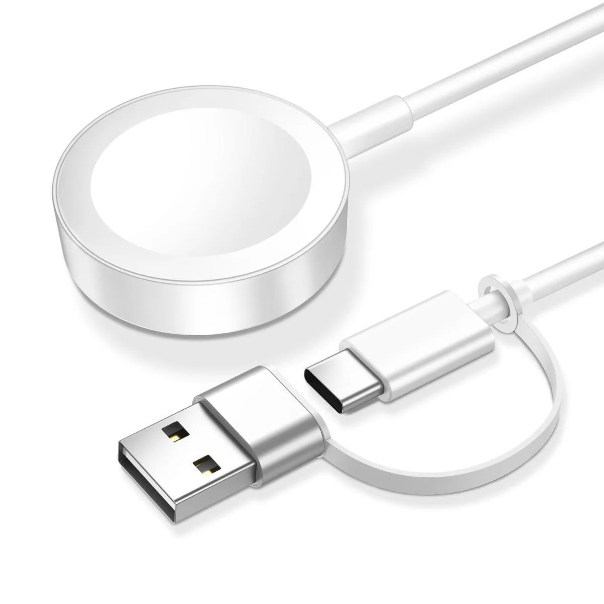 White 2m USB-A and USB-C magnetic Apple Watch charger cable