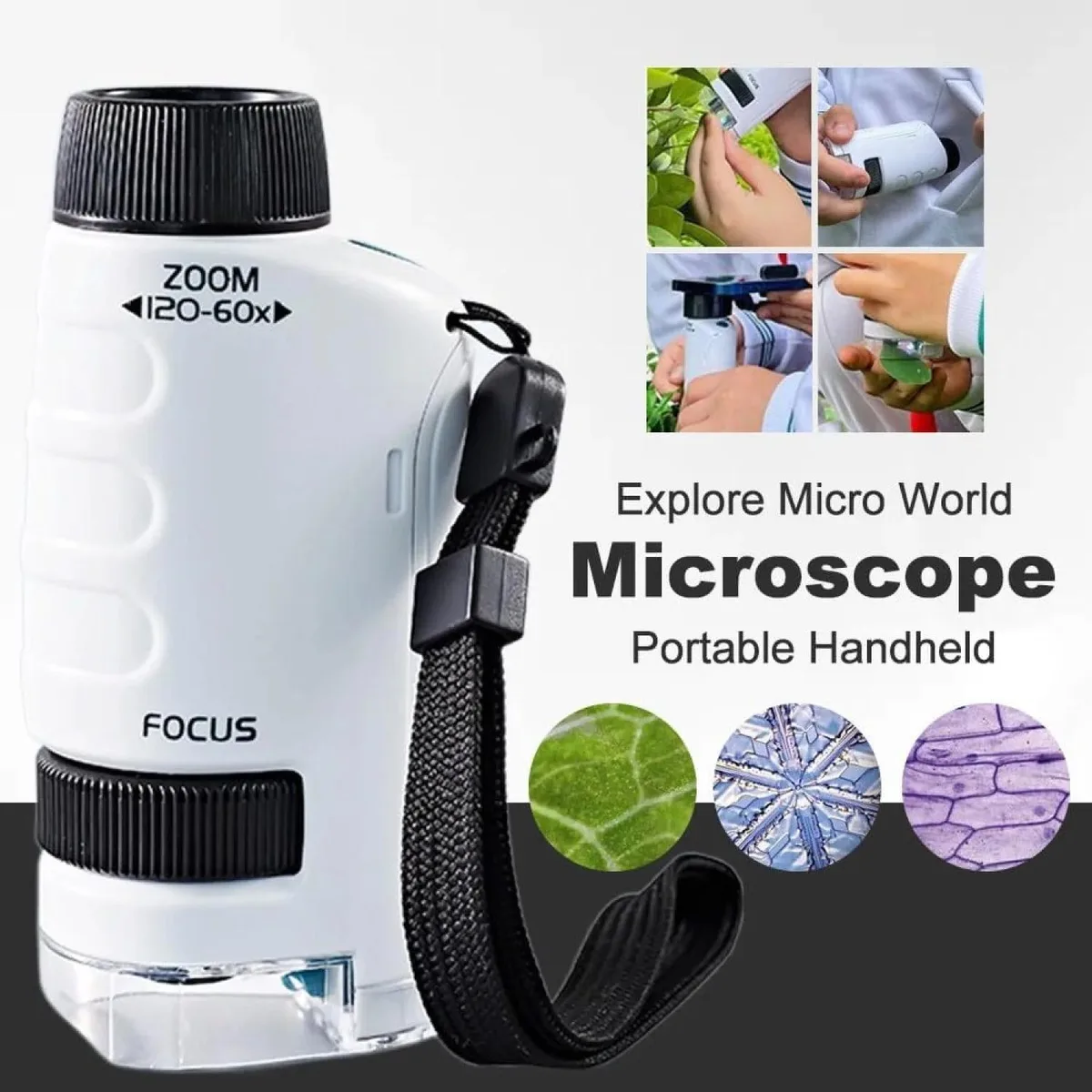 White handheld microscope, compact ABS body with adjustable LED light and focus wheel, 60x to 120x magnification