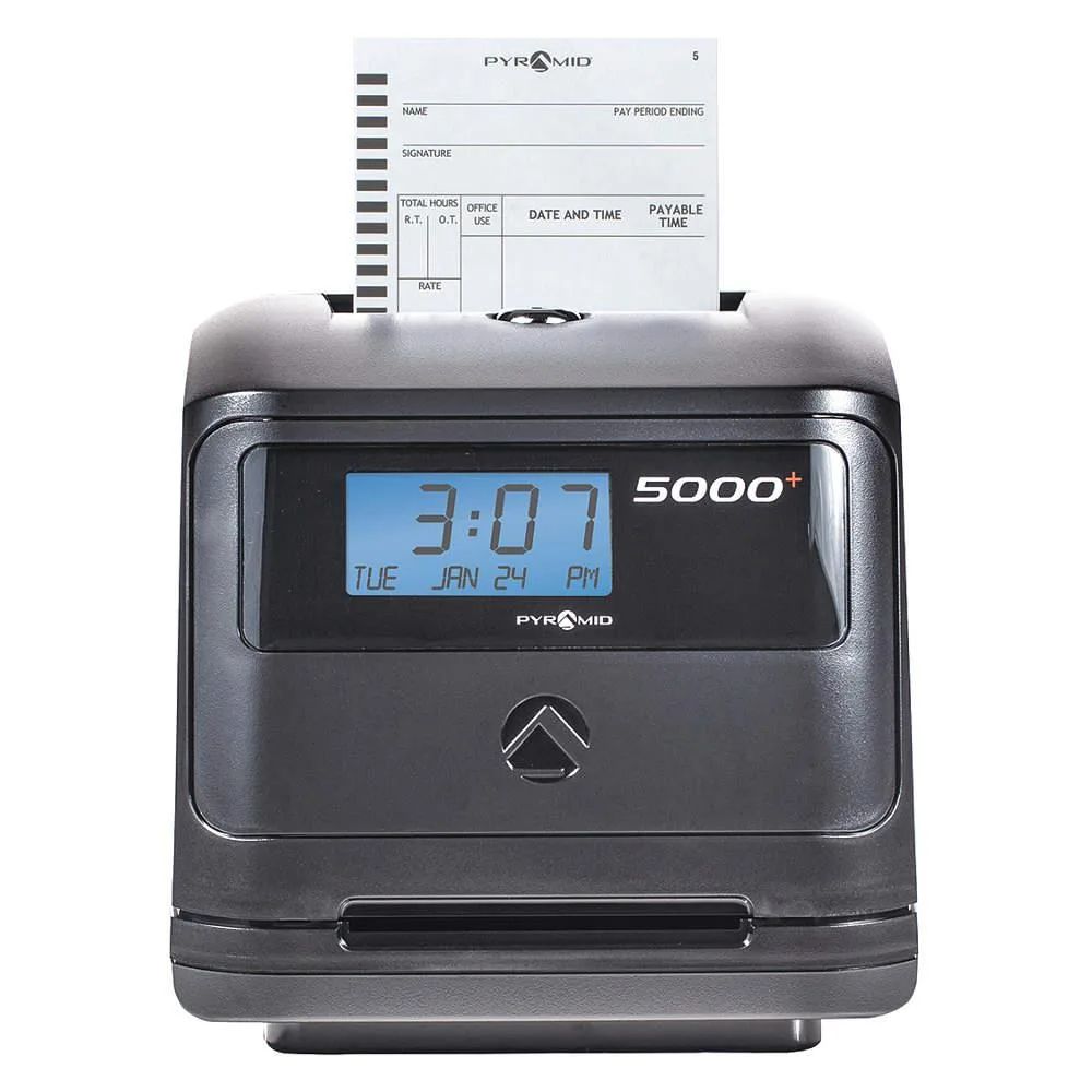 Pyramid 5000 digital time clock, wall-mountable, grey rectangular unit with LCD display and card slot