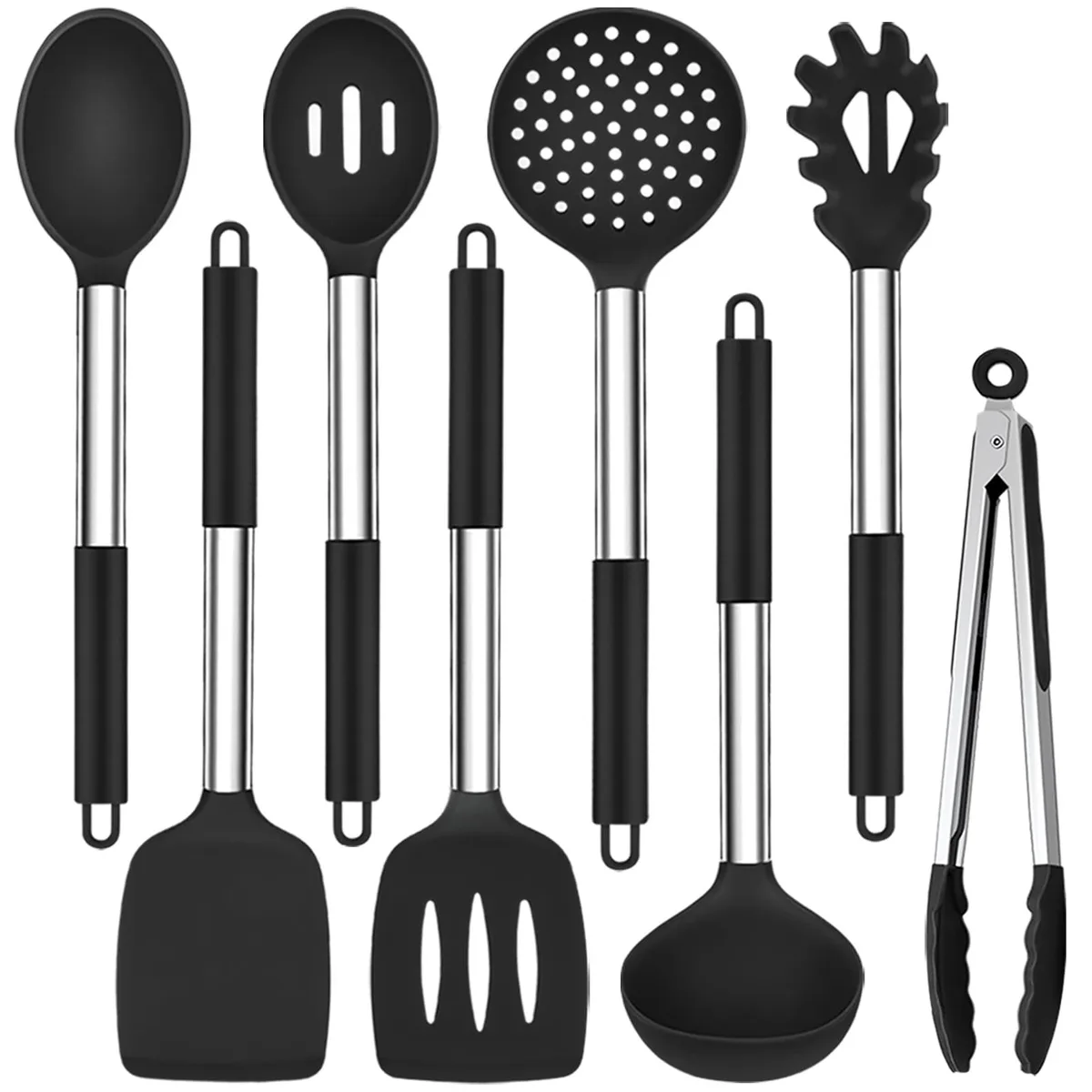 Eight black silicone cooking tools with stainless steel handles and hanging loops
