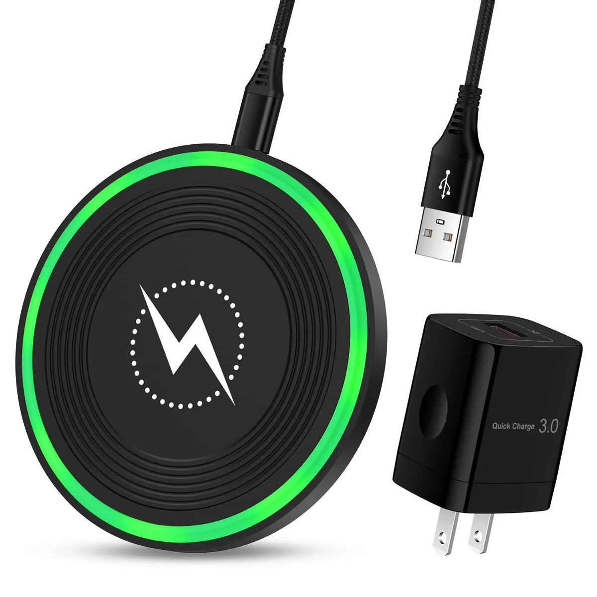 Flat circular charging pad with matching wall adapter and cable
