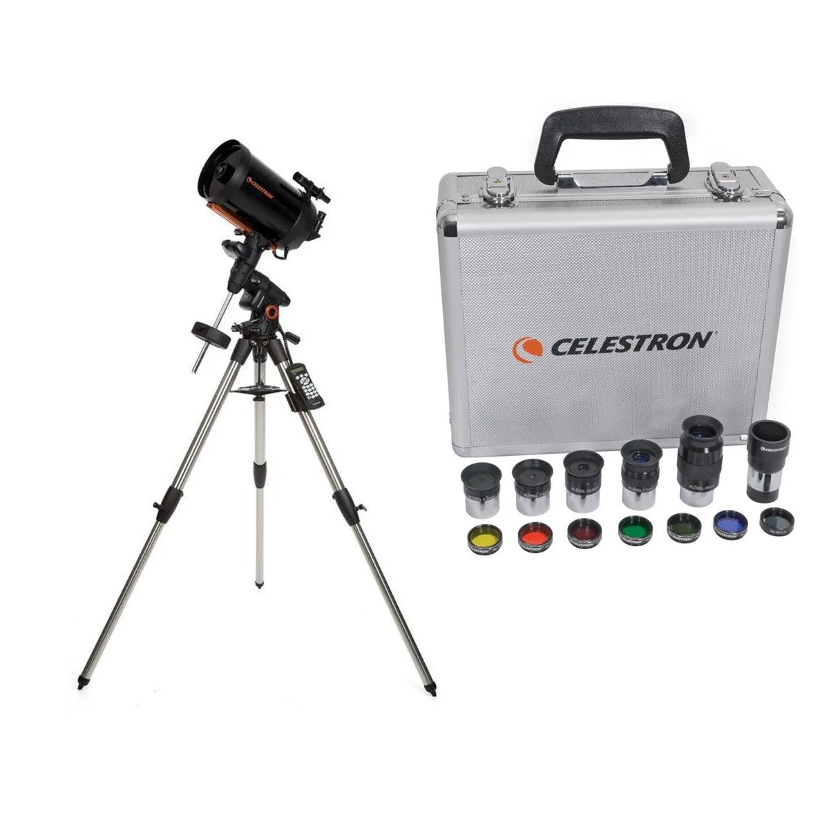 Orange 8-inch Schmidt-Cassegrain optical tube on black German equatorial mount with tripod and accessory case