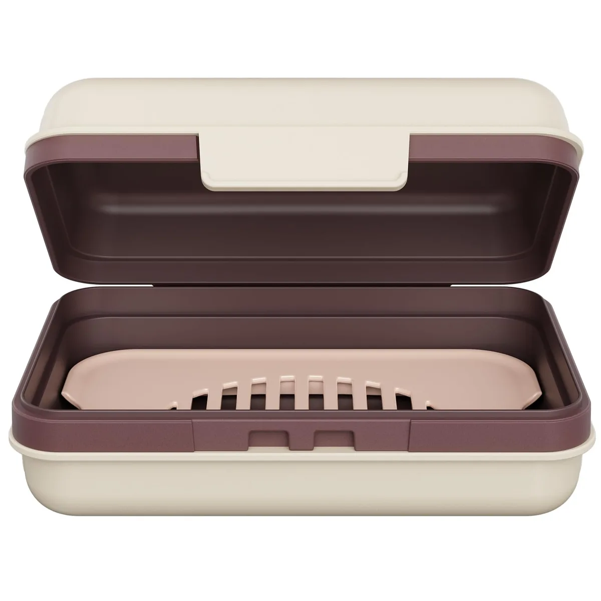 Brown rectangular soap case with lid and band, slotted inner tray visible, hard plastic finish