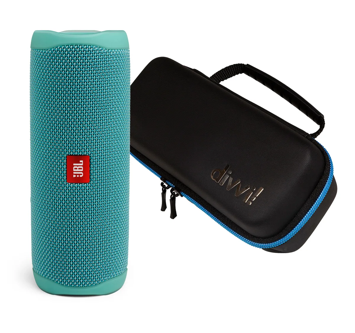 JBL JBL Flip 5 Teal portable speaker with divvi! case — product photo