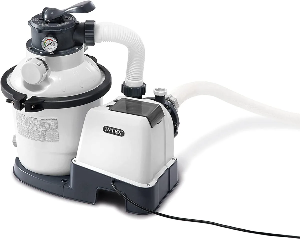Intex SX1500 sand filter pump, tan cylindrical tank with top-mounted control valve and timer