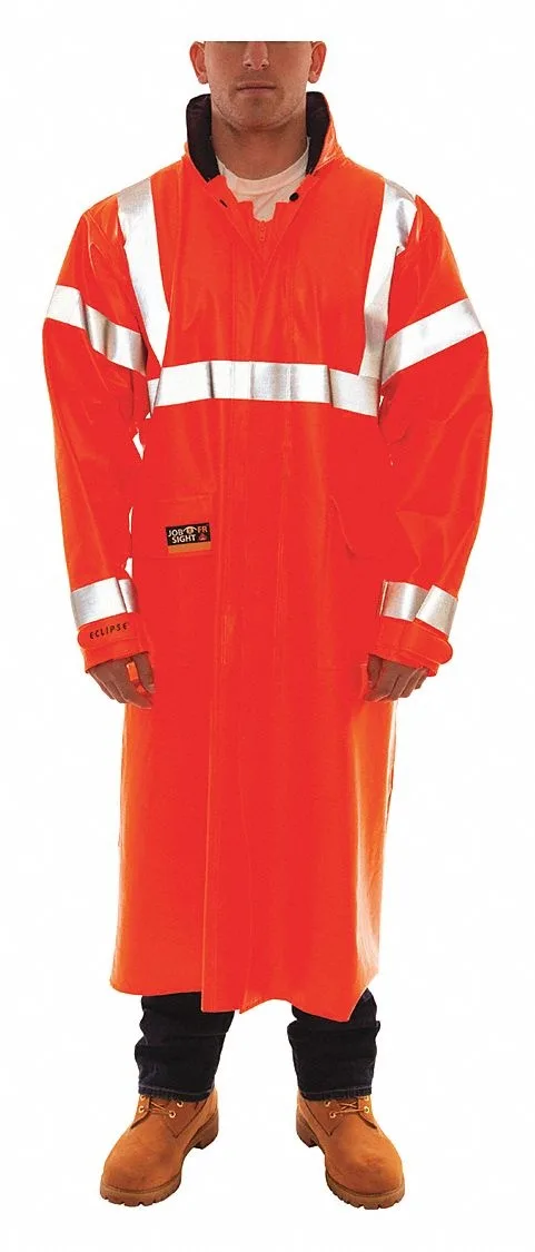 Orange arc flash rain coat with zipper front and high-visibility finish