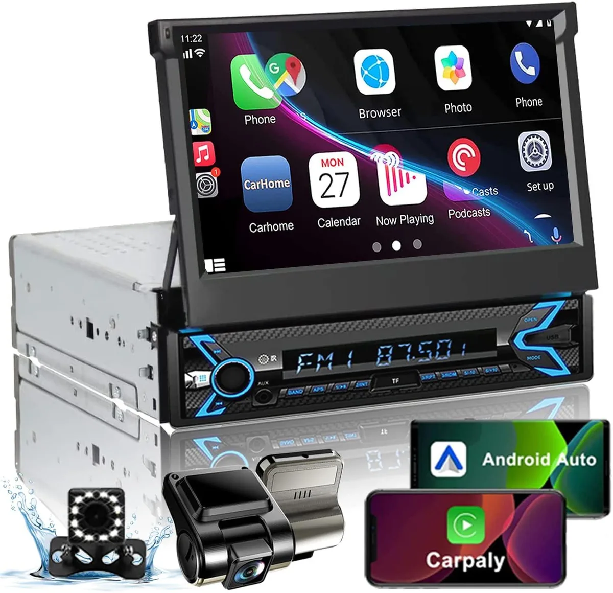 Single-DIN head unit with motorised 7-inch flip-out touchscreen, matte black fascia, bundled dash cam and backup camera