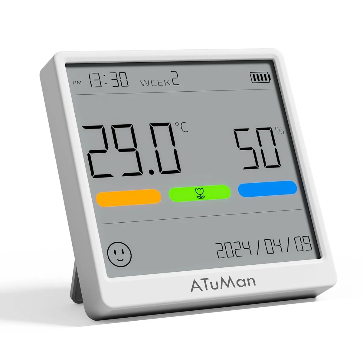 White rectangular thermo-hygrometer with 4.3'' LCD screen showing temperature and humidity readings
