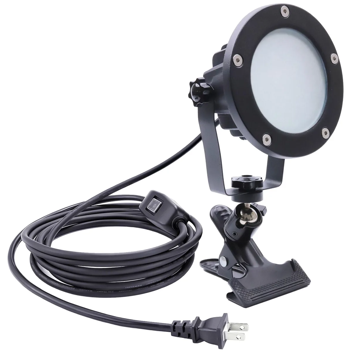 Black plastic clip floodlight with two LED panels, 5.1 by 5.1 by 7.1 inches, 3.5 m cord