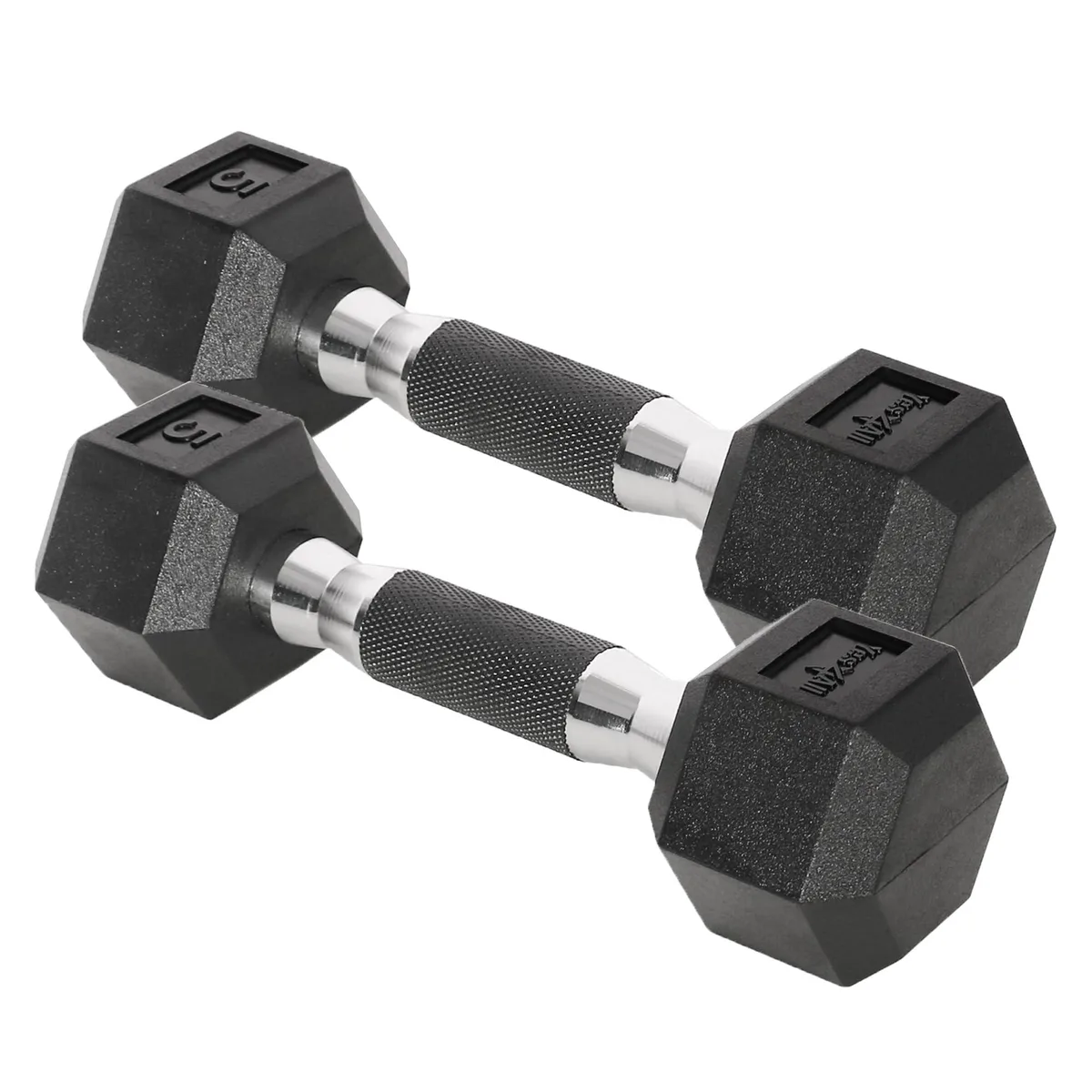 Pair of 5 lb hexagonal rubber-coated dumbbells with textured rubber handles