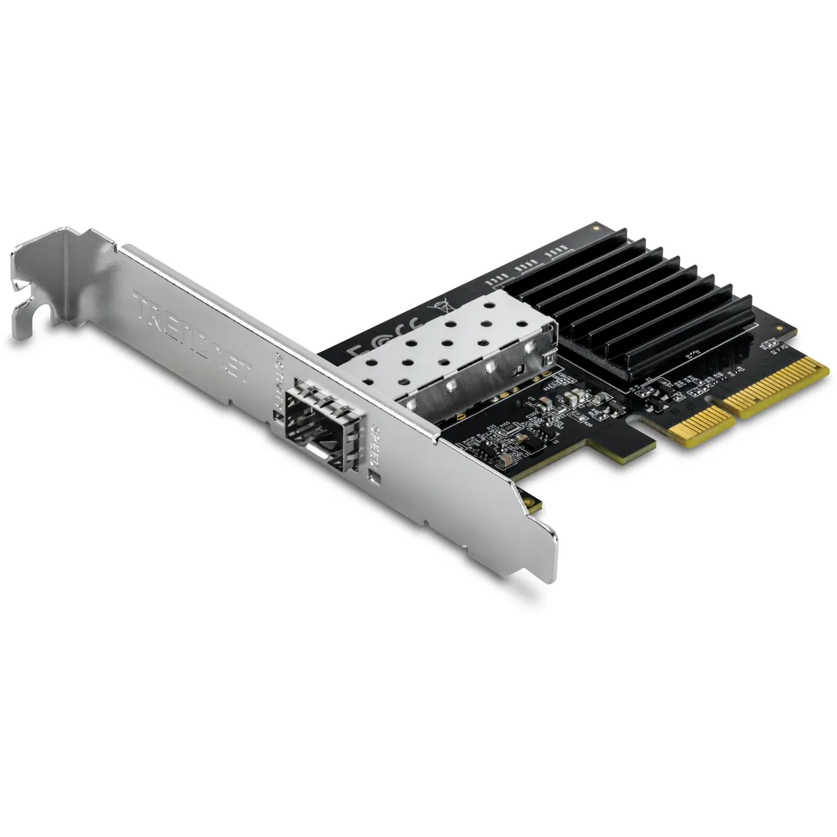 Green rectangular PCIe card with silver SFP+ cage and low-profile bracket