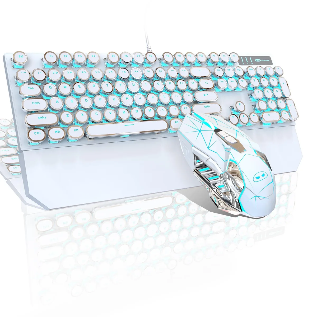 Redragon Typewriter Mechanical Gaming Keyboard & Mouse Combo, Blue Switch, White 104-Key USB Wired — product photo