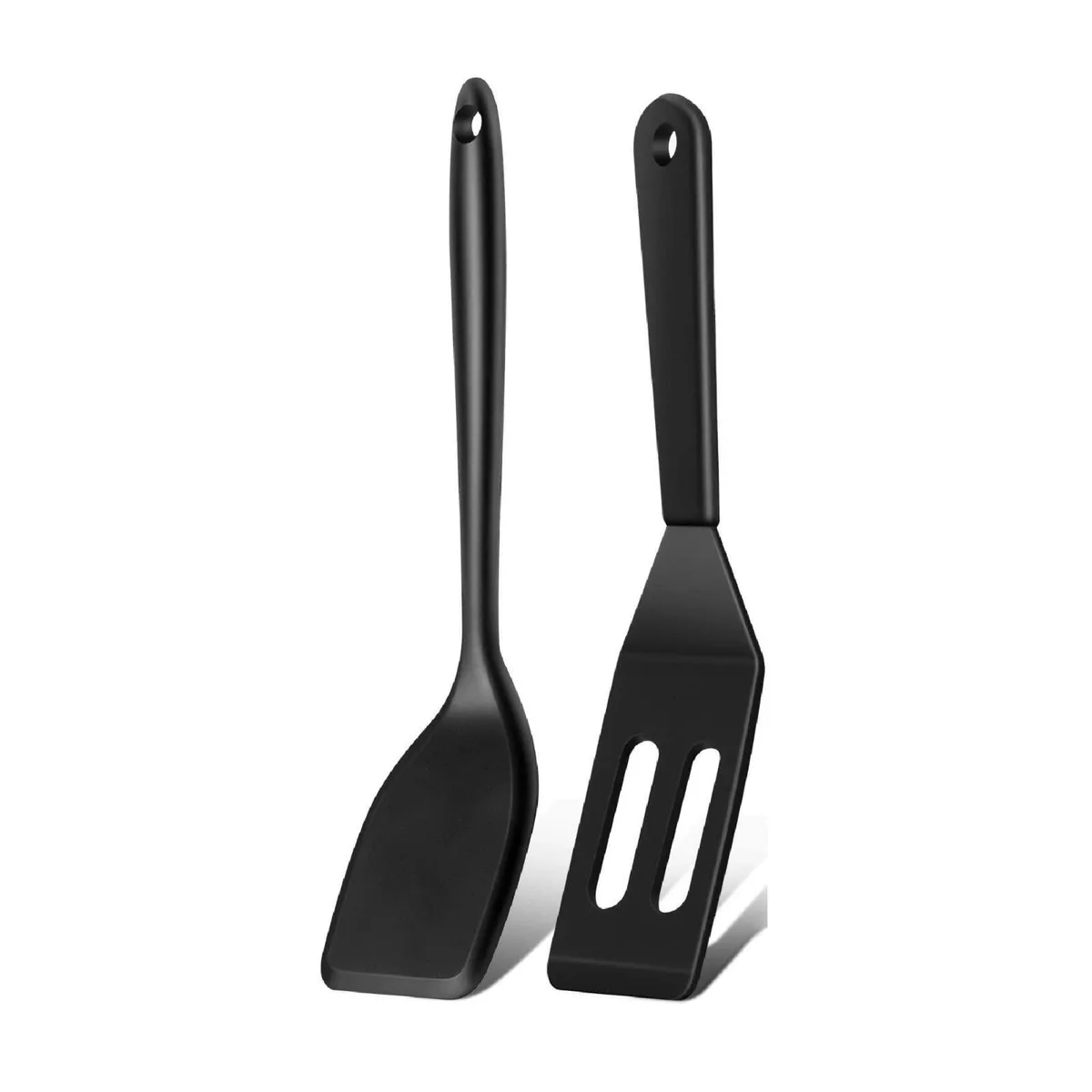 Two black mini silicone spatulas, one slotted one solid, 8.3 inches long with hanging holes