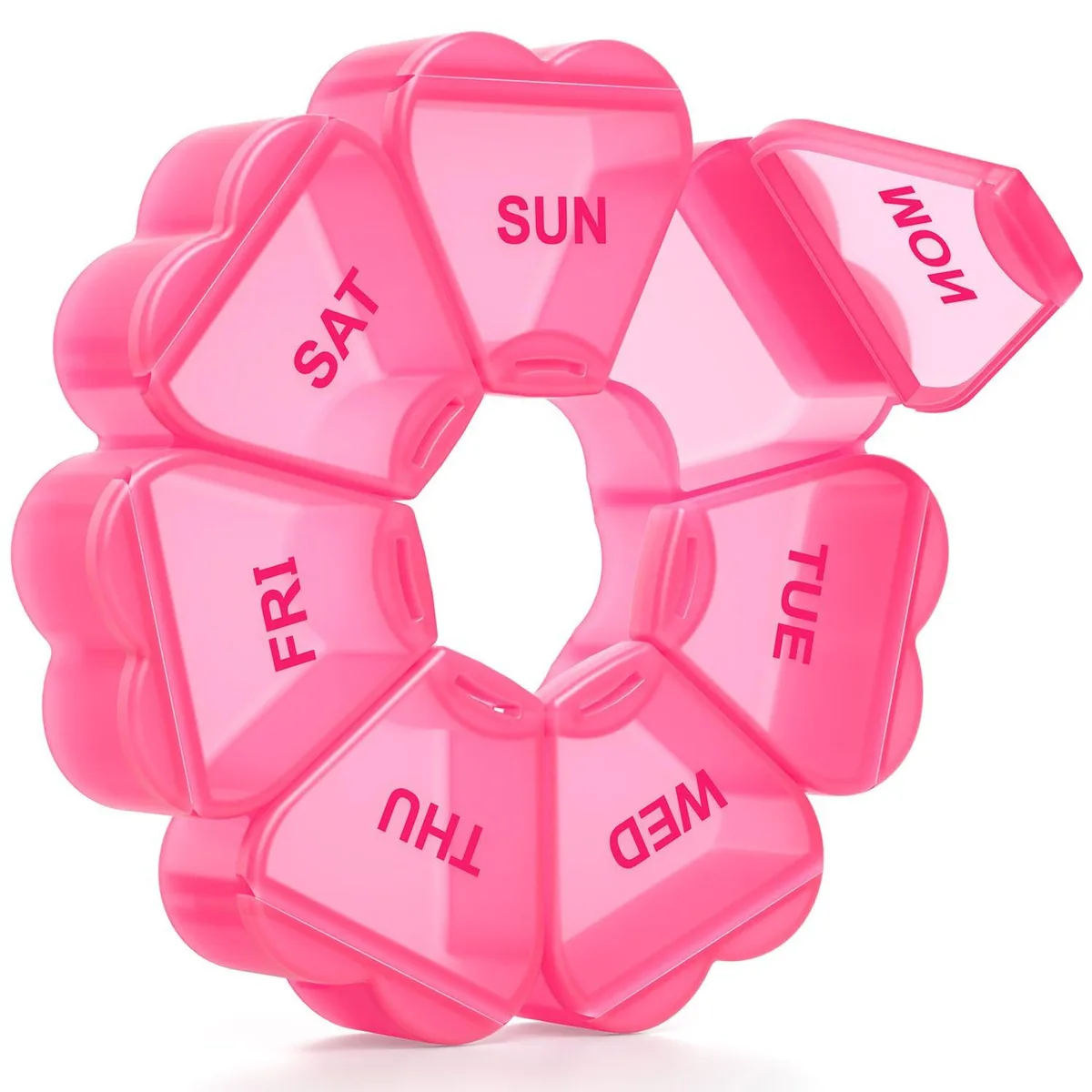 Red weekly pill organiser with seven daily compartments