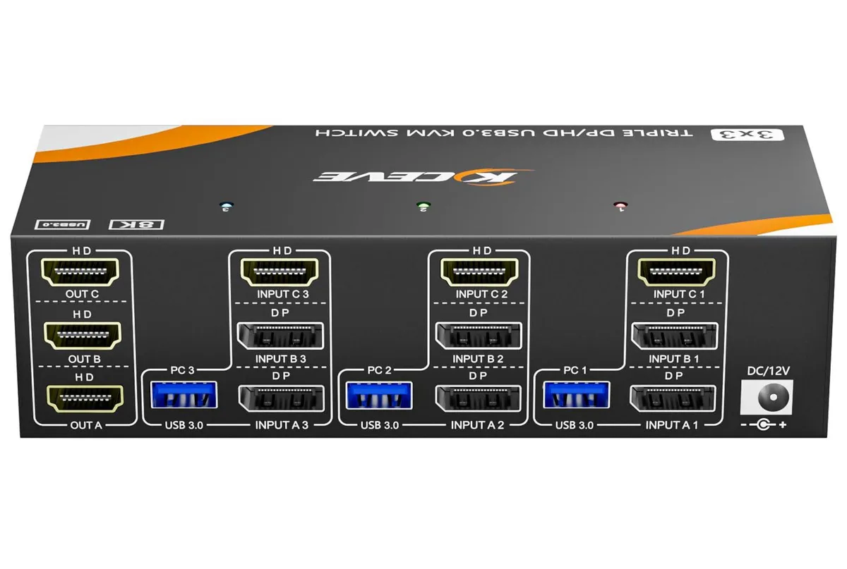Vszerda Vszerda KC-303X KVM Switch 3 Computer 3 Monitor HDMI 2 DP USB 3.0 Wired Remote — product photo